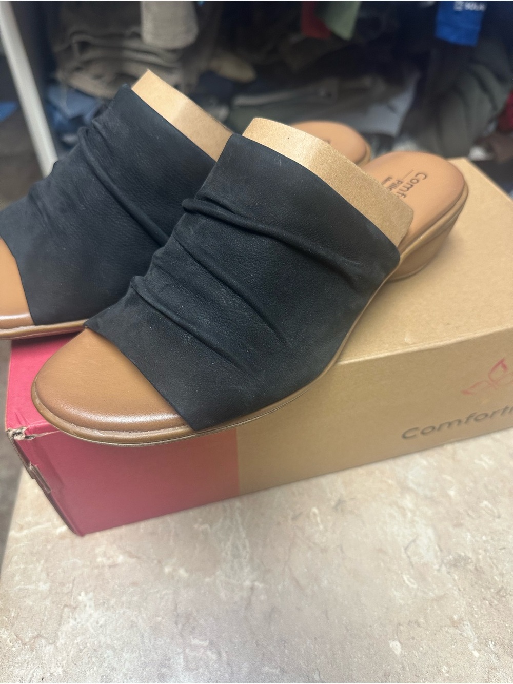 Comfortiva Black Ruched Slide Mules with Tan Footbed